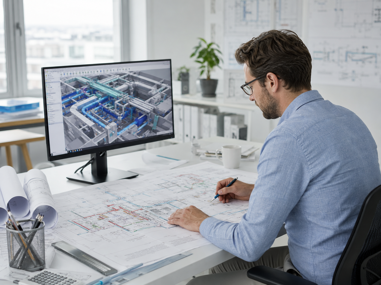 Инженер разрабатывает проект системы ОВиК по чертежам и BIM-модели